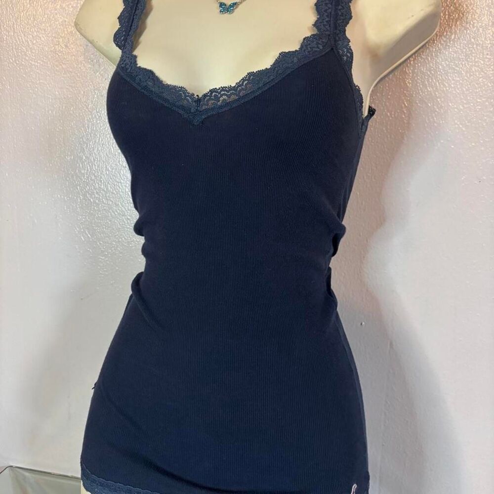 VTG Y2K Hollister Cami Tank Top Navy Blue Lace Trim Bella Swan - Size Small 💙